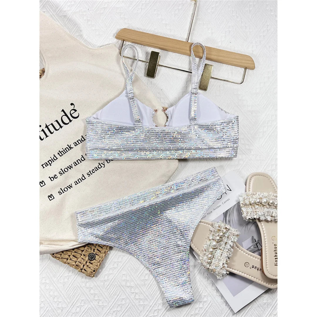 New Shiny Sequins High Waist Bikini Female Swimsuit Women Swimwear Two-Pieces Bikini Set Padded Bather Bathing Suit Swim V4213