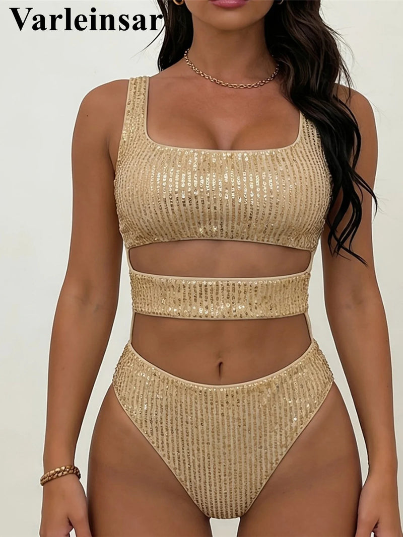 Glitter Sparkling Sequins Cut Out One Piece Swimsuit Women Swimwear Female High Cut Leg Monokini Bather Bathing Suit Swim V7933