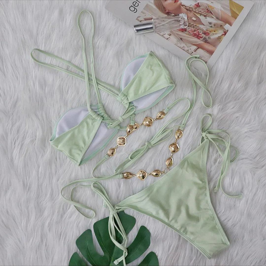 Sexy Diamond Rhinestones Wrap Around Bikini Female Swimsuit Women Swimwear Two-Pieces Bikini Set Bather Bathing Suit Swim V5167