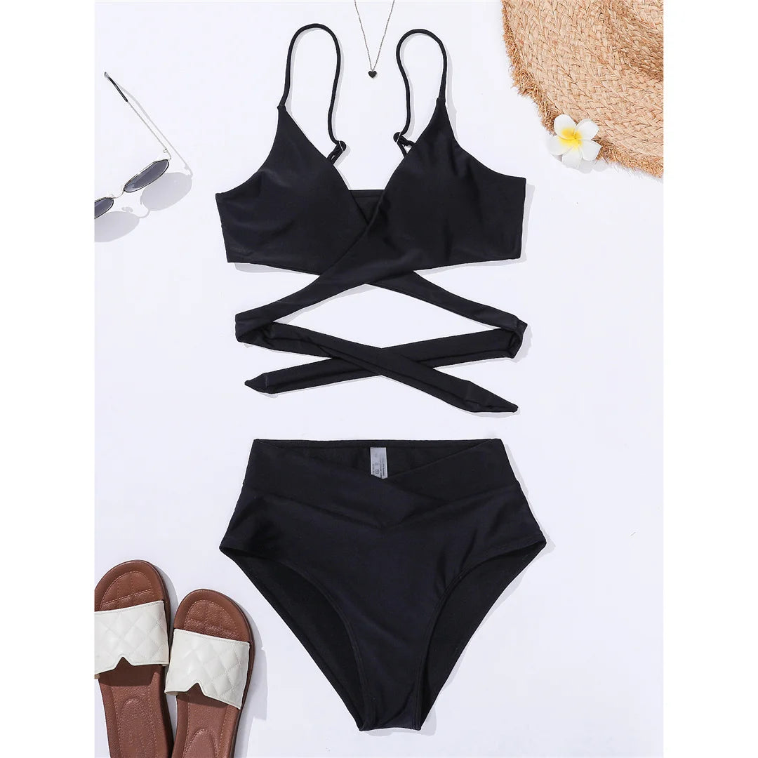 S - XL New 7 Colors V Neck High Waist Bikini Female Swimsuit Women Swimwear Two-Pieces Bikini Set Bather Bathing Suit Swim V5006