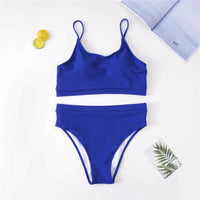 Bikini taille haute côtelé grande taille bleu roi posé à plat