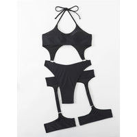Sexy Tummy Cut Out Halter With Garter One Piece Swimsuit Women Swimwear Female High Leg Cut Bather Bathing Suit Swim Lady V4415
