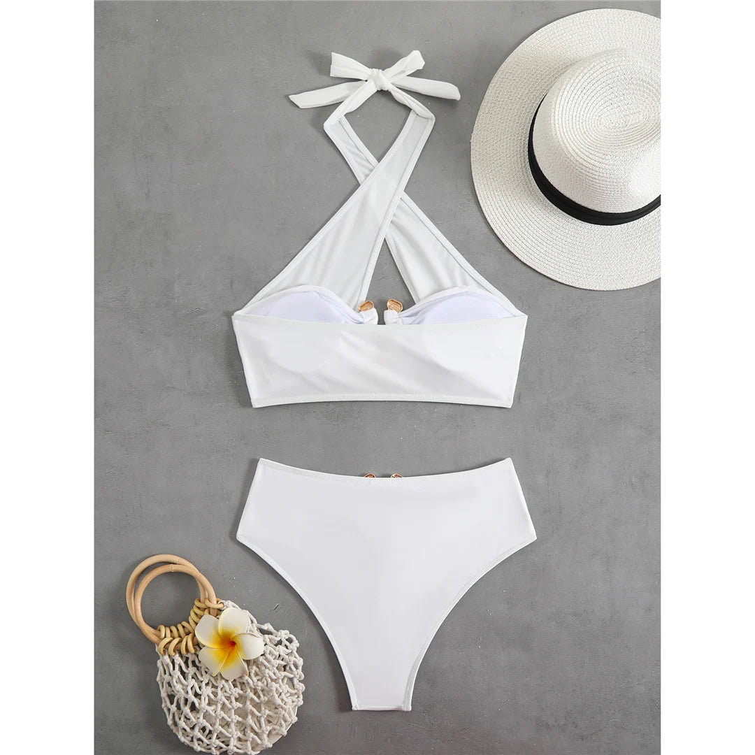 2026 Halter Cut Out High Waist Bikini Female Swimsuit Women Swimwear Two-Pieces Bikini Set Padded Bather Bathing Suit Swim V6256