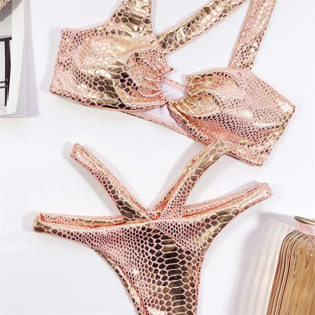 Sexy Snake Printed Asymmetric Bikini Female Swimsuit Women Swimwear Two-Pieces Bikini Set Strappy Bather Bathing Suit Swim V1923