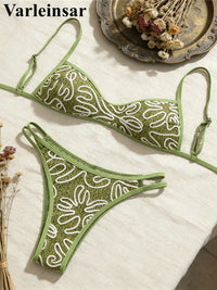 S - XL Green Printed Brazilian Bikini Women Swimwear Female Swimsuit Two-Pieces Bikini Set Padded Bather Bathing Suit Swim V8081
