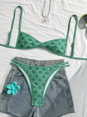 Bikini à bretelles fines échancré imprimé géométrique vert