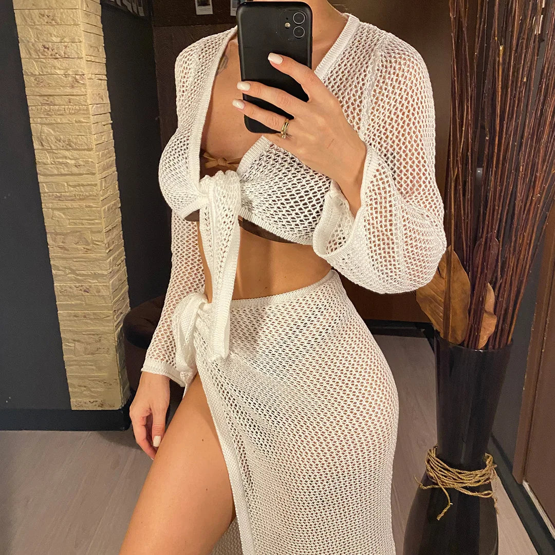 Hollow Out See Through Long Sleeve Crochet Knitted Tunic Beach Cover Up Cover-ups Beach Dress Beach Wear Beachwear Female V5991