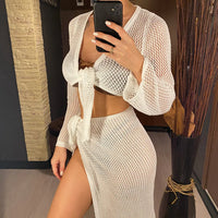 Hollow Out See Through Long Sleeve Crochet Knitted Tunic Beach Cover Up Cover-ups Beach Dress Beach Wear Beachwear Female V5991