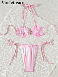 S - XL New Shiny 3D Flowers Halter Bikini Female Swimsuit Women Swimwear Two-Pieces Bikini Set Bather Bathing Suit Swim V7703