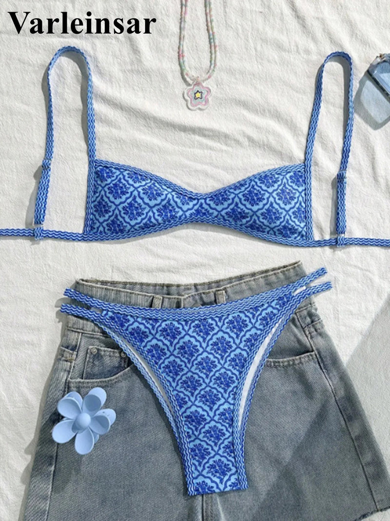 S - XL Flowers Printed High Leg Cut Bikini Women Swimwear Female Swimsuit Two-Pieces Bikini Set Bather Bathing Suit Swim V6965B