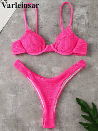 New Ribbed Underwired High Cut Bikini Swimsuit Female Swimwear Women Two-Pieces Bikini Set Thong Bather Bathing Suit Swim V2697B