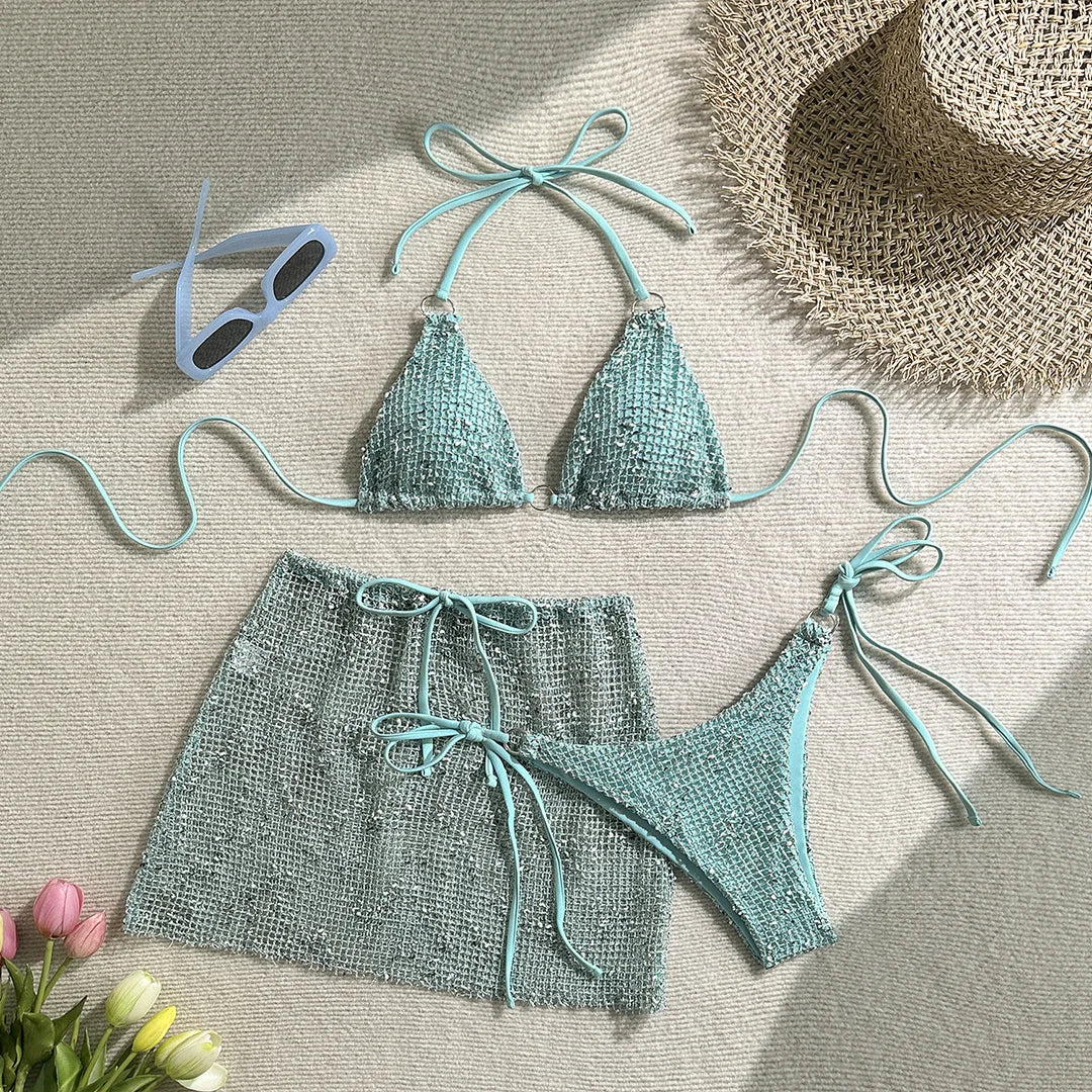 3PCS With Hollow Out Skirt Halter Bikini Female Swimsuit Women Swimwear Three-Pieces Bikini Set Bather Bathing Suit Swim V6451
