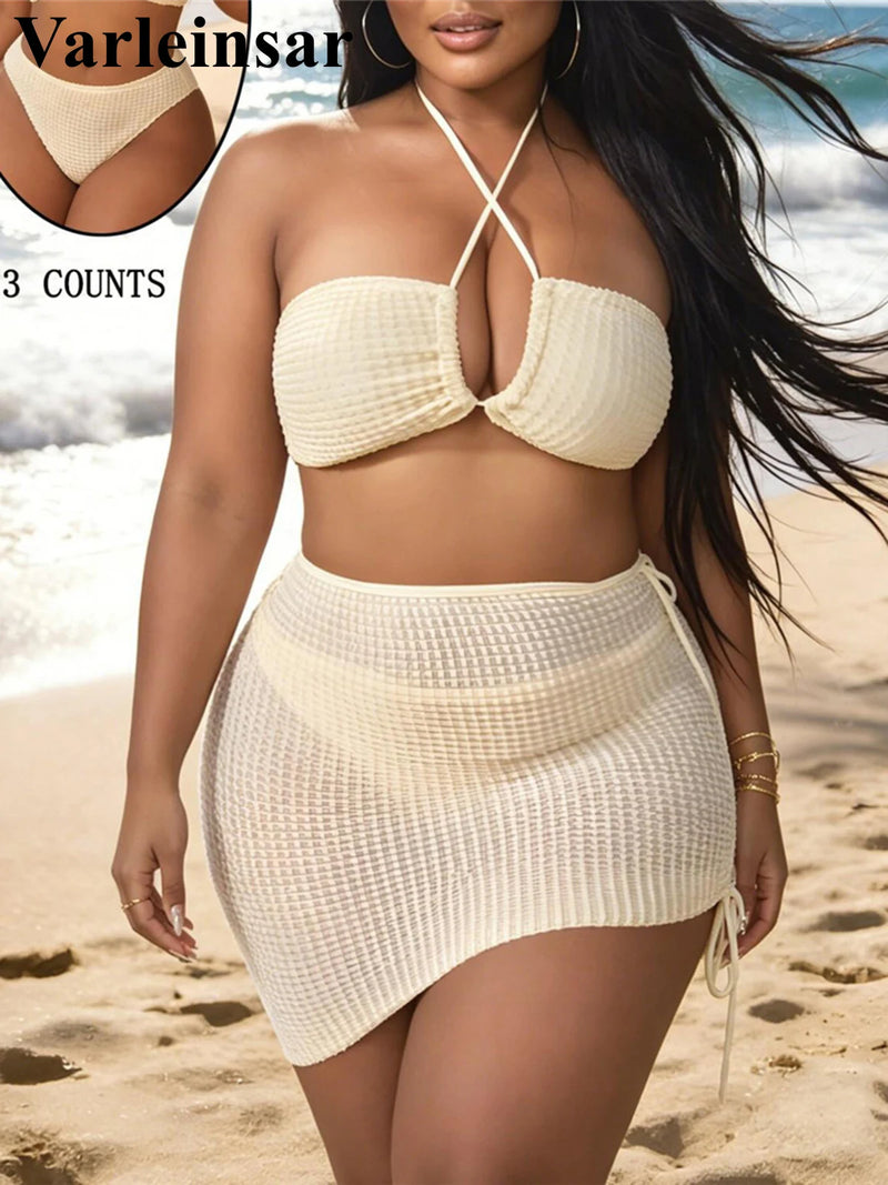 0XL - 4XL 3PCS Bikini Plus Size Large Size Swimwear Women Swimsuit Female Three-Pieces Bikini Set Bather Bathing Suit Swim V8191