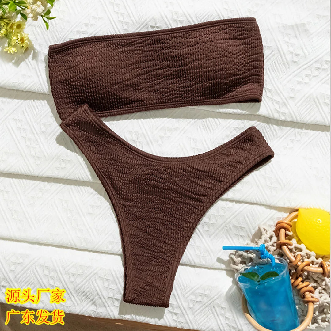 Bandeau Strapless Wrinkled Crinkled Bikini Women Swimwear Female Swimsuit Two-Pieces Bikini Set Bather Bathing Suit Swim V3314B