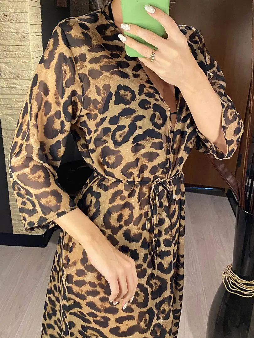 New Sexy Leopard Printed Beach Cover Up Chiffon Cover-ups Swimwear Beach Wear Summer Beachwear Female Women Long Dress V3219