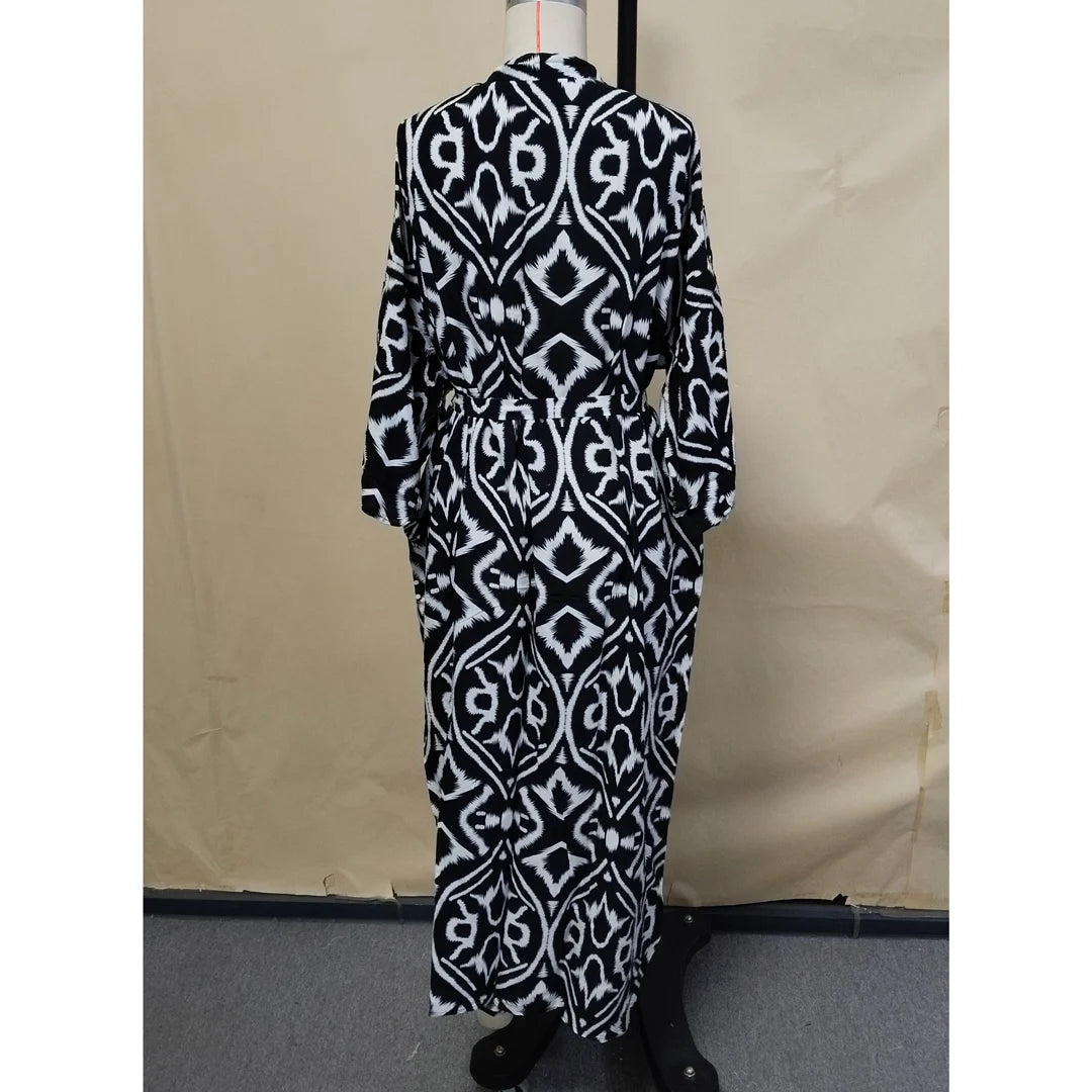 Printed Long Sleeve With Belt V Neck Beach Dress Beach Wear Beachwear Beach Cover Up Cover-upsWomen sunscreen clothing V6174