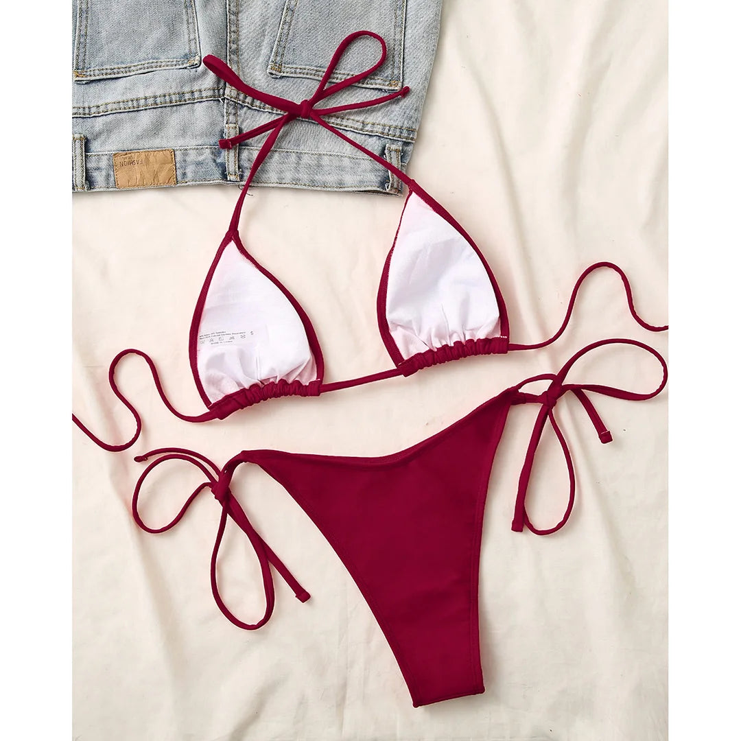 7 Colors Halter Brazilian Bikini Women Swimwear Female Swimsuit Two-Pieces Bikini Set Padded Bather Bathing Suit Swim Lady V3536