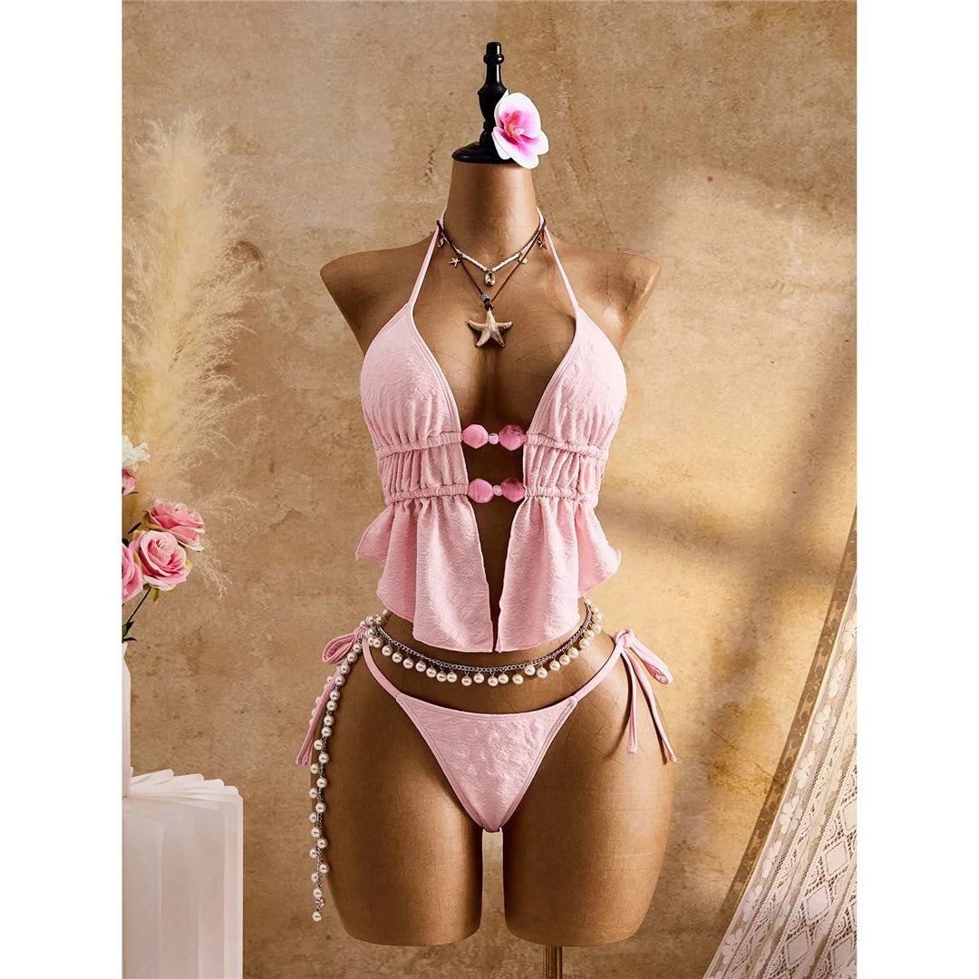 S - XL Wrinkled Bikini Halter Tankini Female Swimsuit Women Swimwear Two-Pieces Bikini Set Padded Bather Bathing Suit Swim V7819