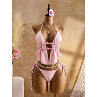S - XL Wrinkled Bikini Halter Tankini Female Swimsuit Women Swimwear Two-Pieces Bikini Set Padded Bather Bathing Suit Swim V7819