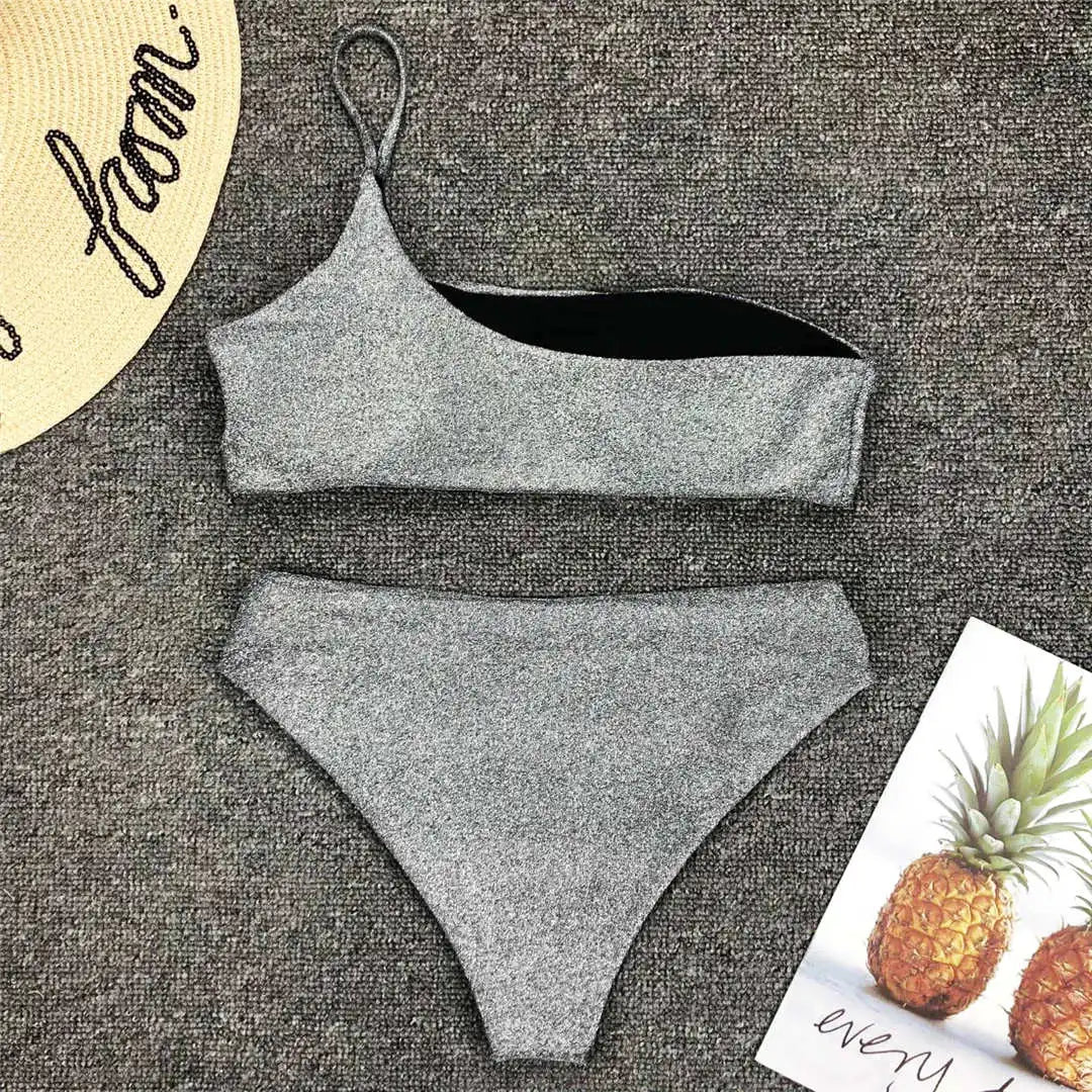 Shiny Glitter Sparkling High Waist Bikini Female Swimsuit Women Swimwear Two-Pieces Bikini Set One Shoulder Bathing Suit V1264