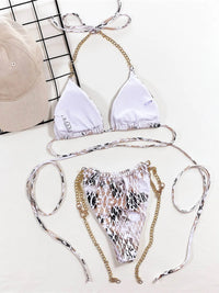Snake Skin Printed Metal Chain Halter Bikini Women Swimwear Female Swimsuit Two-Pieces Bikini Set Bather Bathing Suit Swim V3233