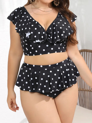 Bikini à volants grande taille taille haute à pois noir