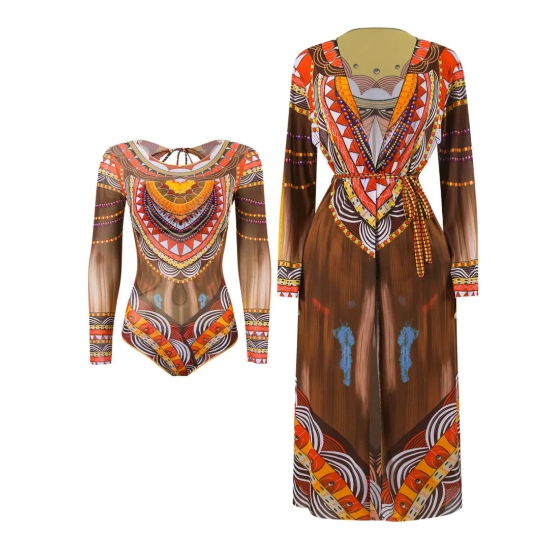 Maillot de bain une pièce manches longues imprimé ethnique orange posé à plat à côté de sa robe de plage assortie