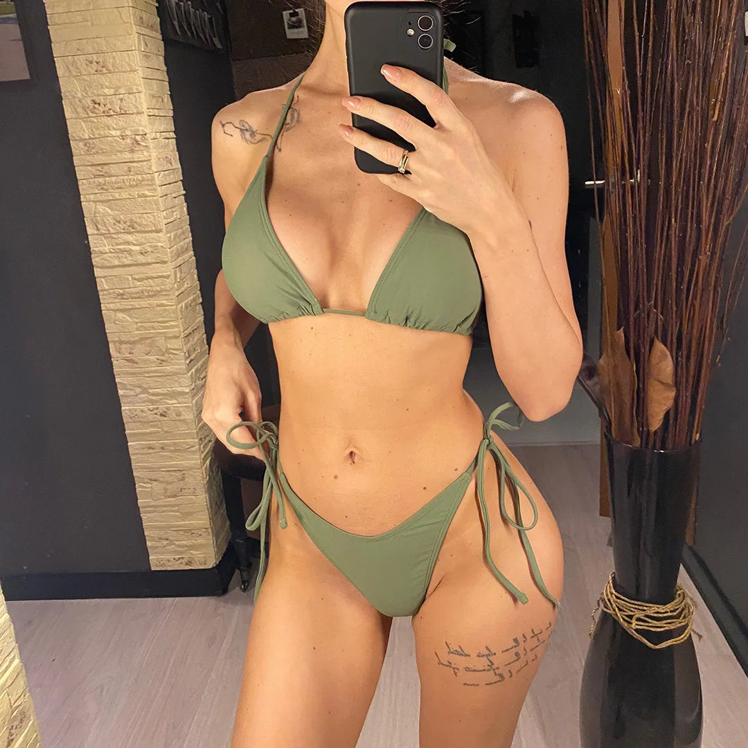 7 Colors Halter Brazilian Bikini Women Swimwear Female Swimsuit Two-Pieces Bikini Set Padded Bather Bathing Suit Swim Lady V3536