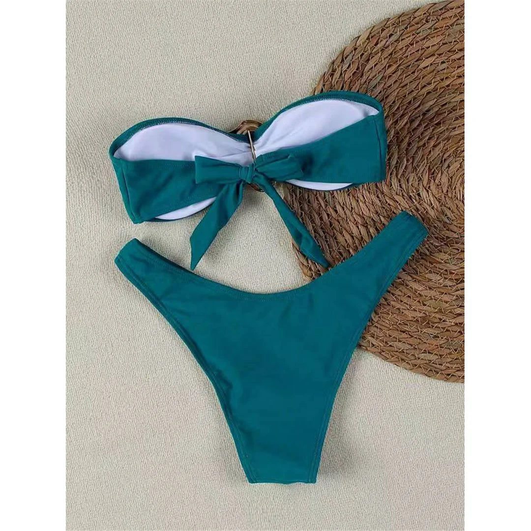 7 Colors Bandeau Metal Ring Brazilian Bikini Female Swimsuit Women Swimwear Two-Pieces Bikini Set Bather Bathing Suit Swim V6516