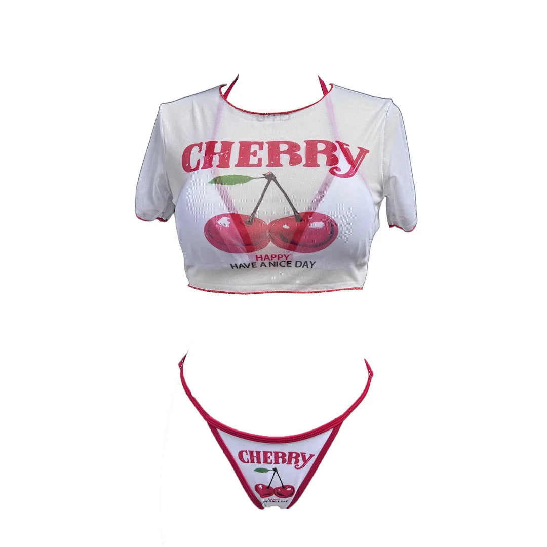 S -XL Cherry Printed Short Sleeve Bikini Female Swimsuit Women Swimwear Three-Pieces Bikini Set Bather Bathing Suit Swim V6854