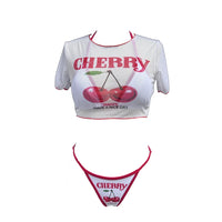 S -XL Cherry Printed Short Sleeve Bikini Female Swimsuit Women Swimwear Three-Pieces Bikini Set Bather Bathing Suit Swim V6854