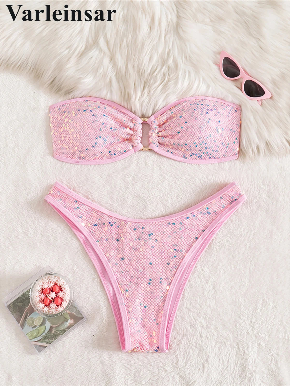 5 Colors Sequins Shiny Bling Women Swimwear Bandeau Bikini Female Swimsuit Two-Pieces Bikini Set Bather Bathing Suit Swim V7311