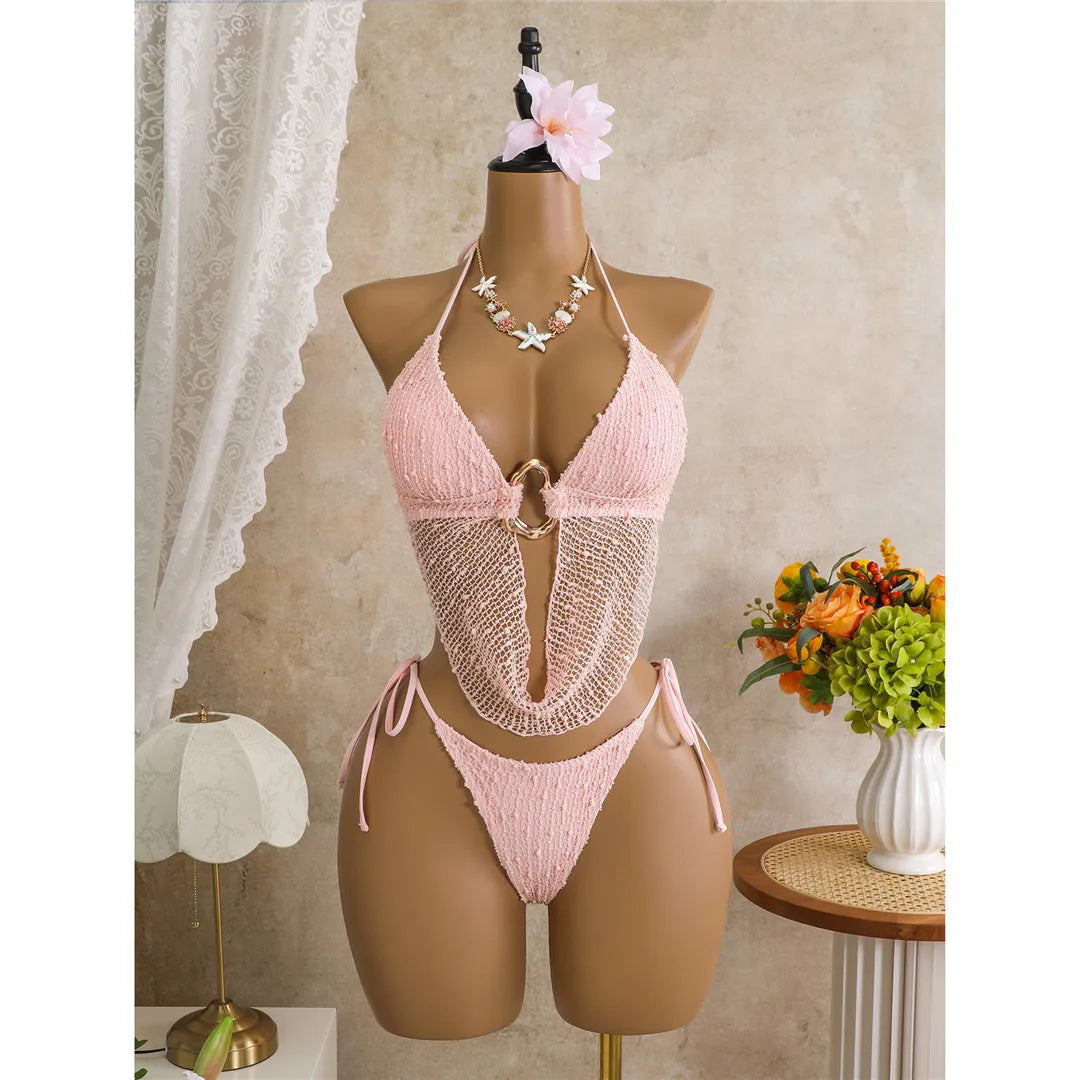 New Hollow Out Tankini Halter Bikini Female Swimsuit Women Swimwear Two-Pieces Bikini Set Strappy Bather Bathing Suit Swim V8076