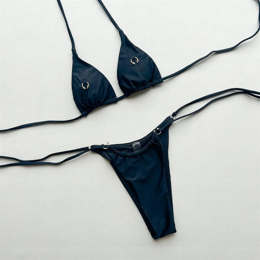 2026 Metal Ring Halter Bikini Female Swimsuit Women Swimwear Two-Pieces Bikini Set Strappy Padded Bather Bathing Suit Swim V8168