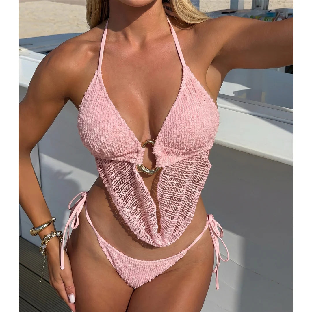New Hollow Out Tankini Halter Bikini Female Swimsuit Women Swimwear Two-Pieces Bikini Set Strappy Bather Bathing Suit Swim V8076