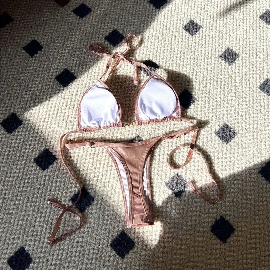 New PU Faux Leather Halter Mini Thong Bikini Female Swimsuit Women Swimwear Two-Pieces Bikini Set Bather Bathing Suit Swim V5206