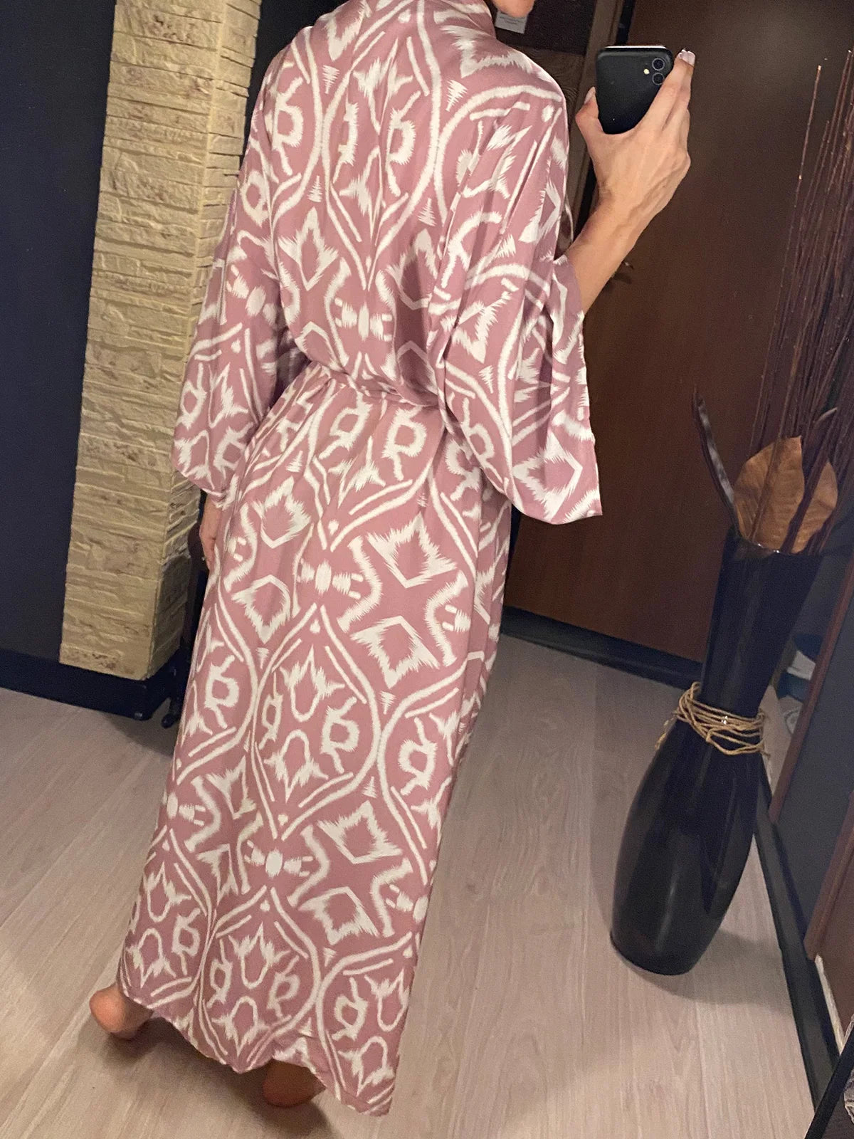 Printed Long Sleeve With Belt V Neck Beach Dress Beach Wear Beachwear Beach Cover Up Cover-upsWomen sunscreen clothing V6174