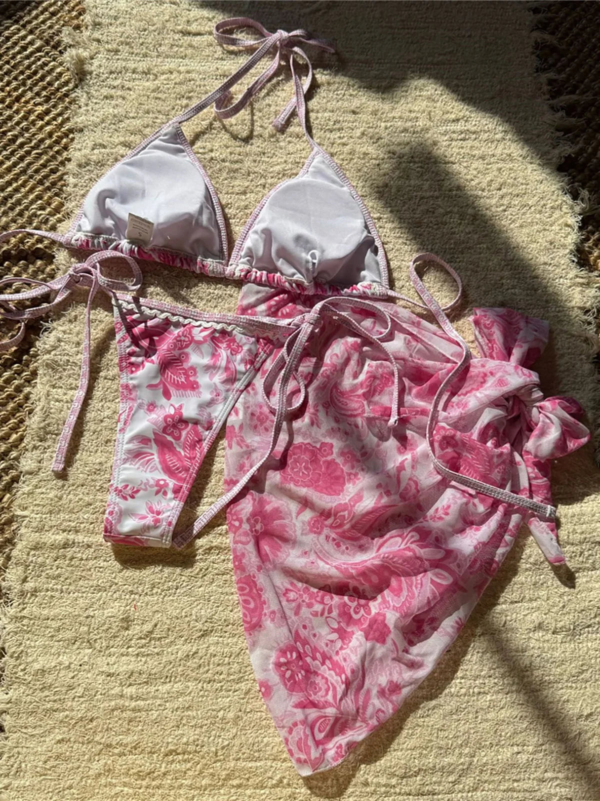 With Sarong Printed Halter Bikini Women Swimwear Female Swimsuit Three-Pieces Bikini Set Padded Bather Bathing Suit Swim V6966