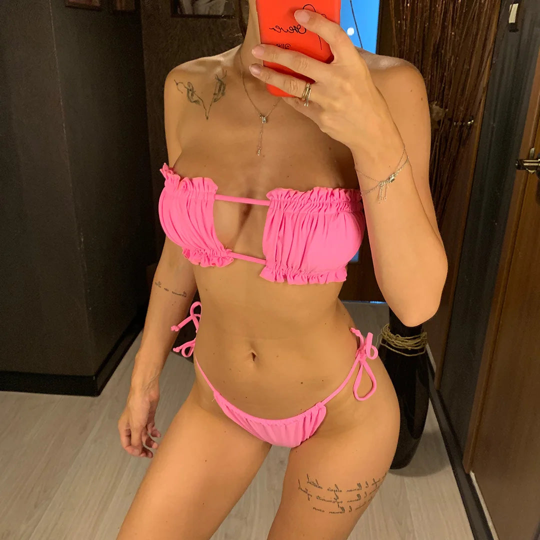 Sexy Leopard Bandeau Brazilian Bikini Swimsuit Female Swimwear Women Two-Pieces Bikini Set Pleated Bather Bathing Suit V1242L