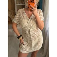 2026 Short Sleeve V Neck Hollow Out Crochet Knitted Tunic Beach Cover Up Cover-ups Beach Dress Beach Wear Beachwear Female V8152