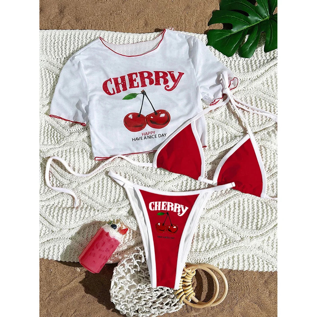 S -XL Cherry Printed Short Sleeve Bikini Female Swimsuit Women Swimwear Three-Pieces Bikini Set Bather Bathing Suit Swim V6854
