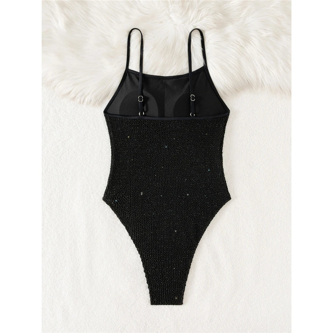 New Wrinkled Crinkled Glitter Sparkling One Piece Swimsuit Women Swimwear Female High Cut Padded Bather Bathing Suit Swim V6407