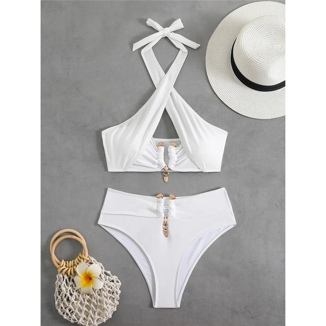 2026 Halter Cut Out High Waist Bikini Female Swimsuit Women Swimwear Two-Pieces Bikini Set Padded Bather Bathing Suit Swim V6256