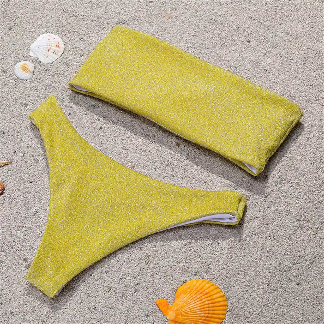 Glitter Sparkling Strapless Bikini Female Swimsuit Women Swimwear Two-Pieces Bikini Set Bandeau Bather Bathing Suit Swim V2236