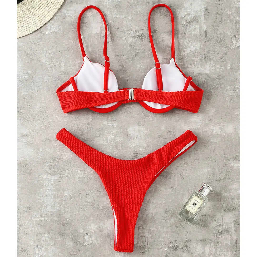 New Ribbed Underwired High Cut Bikini Swimsuit Female Swimwear Women Two-Pieces Bikini Set Thong Bather Bathing Suit Swim V2697B