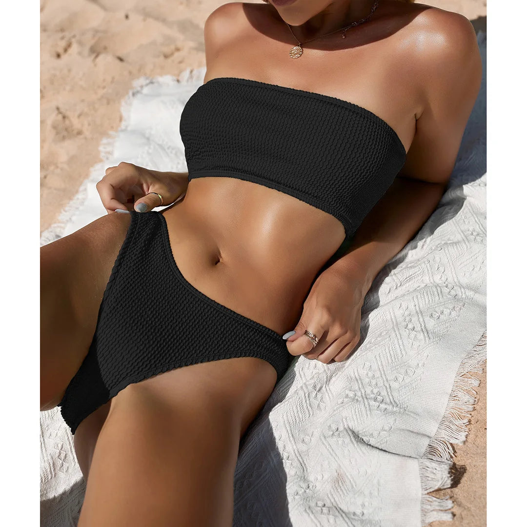 Bandeau Wrinkled Crinkled Bikini Female Swimsuit Women Swimwear Two-Pieces Bikini Set High Cut Bather Bathing Suit Swim V3314