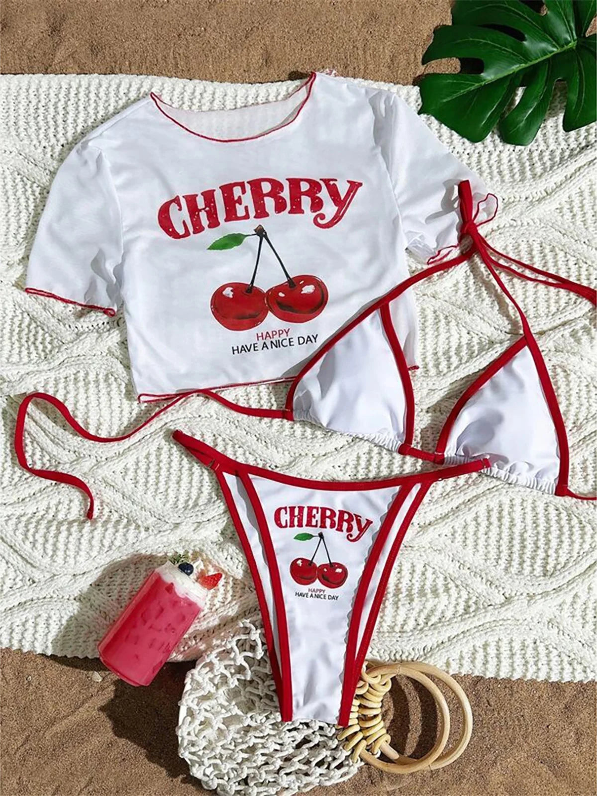 S -XL Cherry Printed Short Sleeve Bikini Female Swimsuit Women Swimwear Three-Pieces Bikini Set Bather Bathing Suit Swim V6854