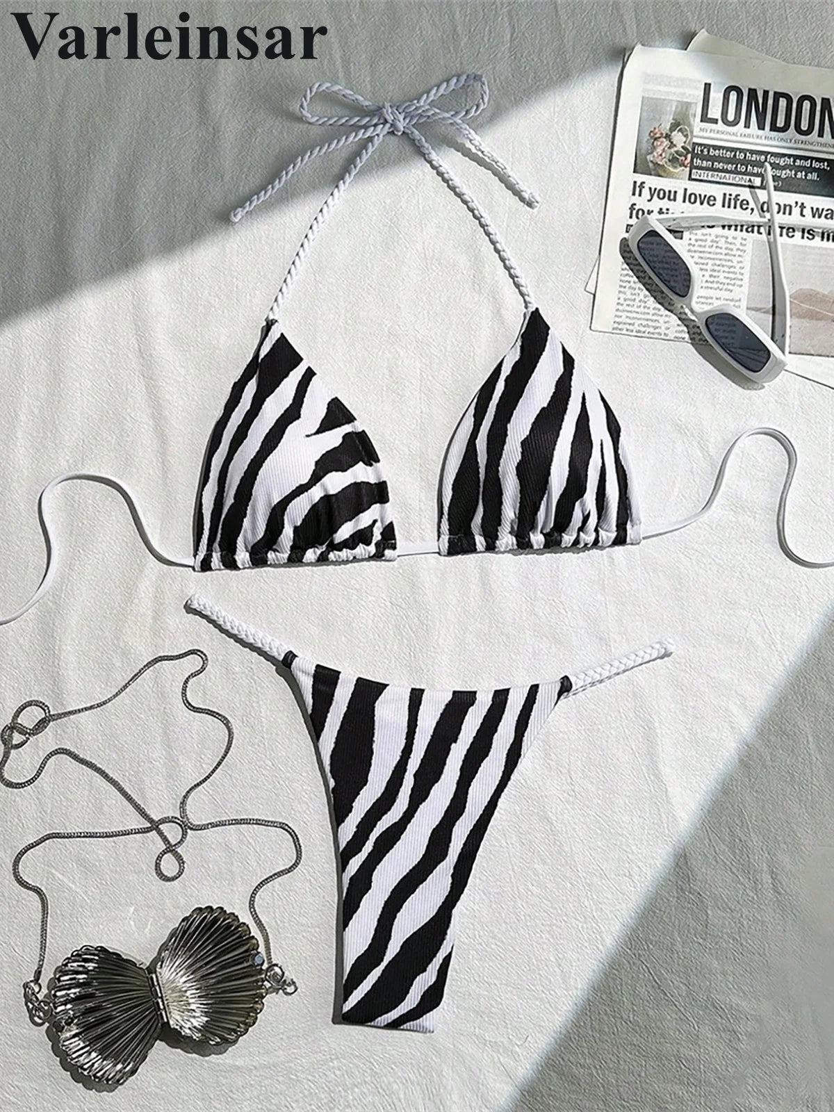 XS - L Zebra Halter Mini Thong Bikini Women Swimwear Female Swimsuit Two-Pieces Bikini Set Padded Bather Bathing Suit Swim V6759