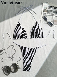 XS - L Zebra Halter Mini Thong Bikini Women Swimwear Female Swimsuit Two-Pieces Bikini Set Padded Bather Bathing Suit Swim V6759
