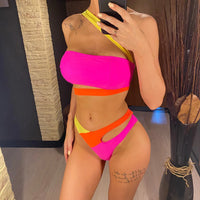 Sexy Splicing Asymmetric One Shoulder Bikini Female Swimsuit Women Swimwear Two-Pieces Bikini Set Bather Bathing Suit Swim V5395